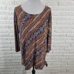 Carol Taylor Women's XL Brown Blue Geometric Dolman 3/4 Sleeve Pullover GEO185XE